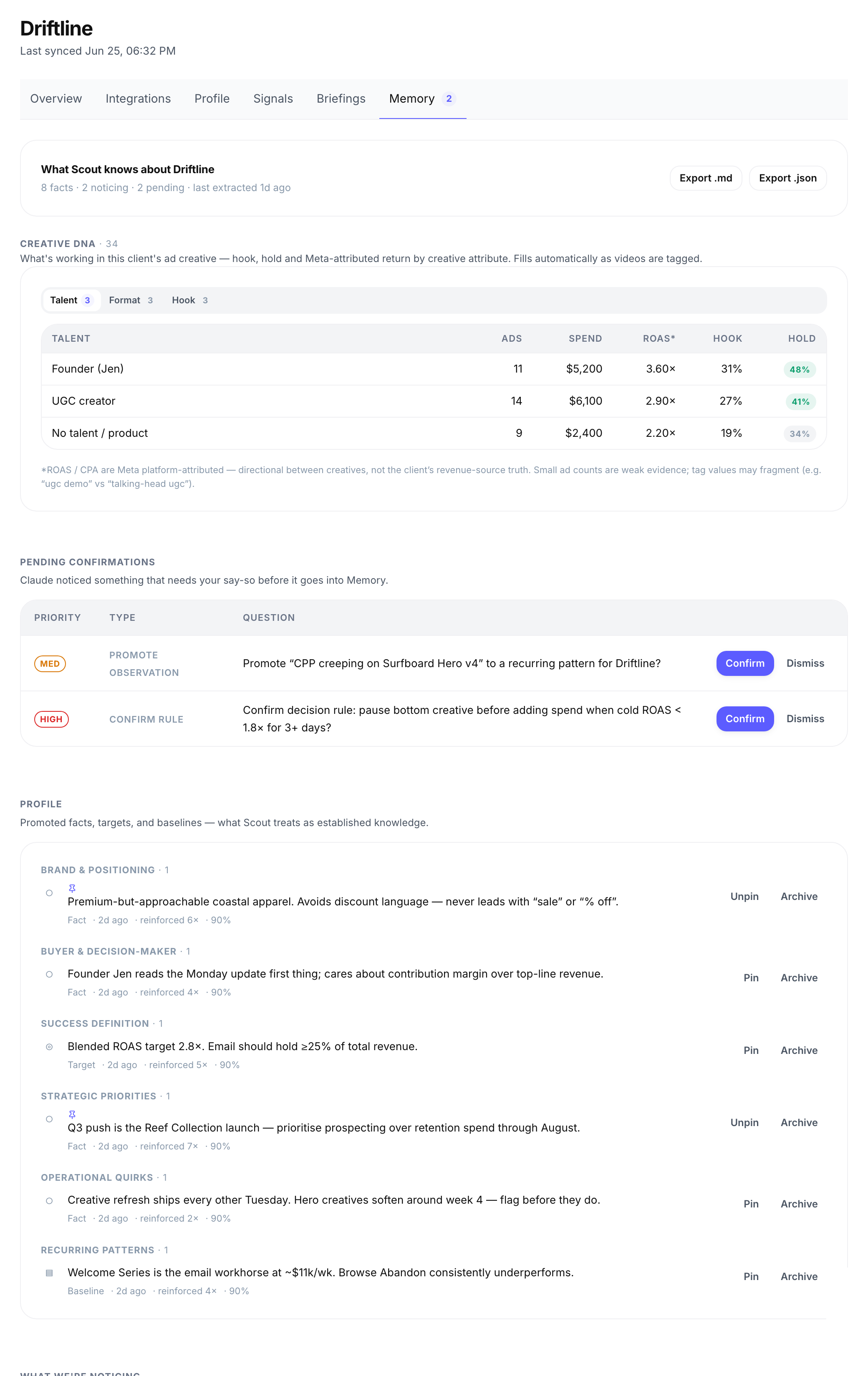 A glimpse of the Scout Memory tab - what Scout knows about a client, summarised across facts, facets, and Creative DNA.